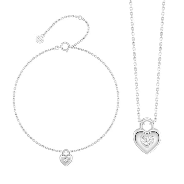 Love Lock Heart Solitaire Moissanite Pendant Necklace And Bracelet Set