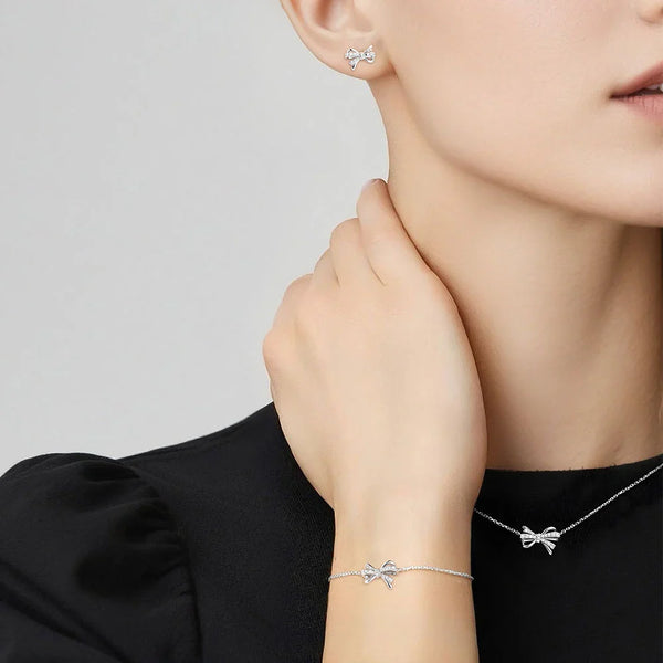 Filigree Bow Moissanite and Diamond Jewelry Set Necklace Bracelet and Earrings