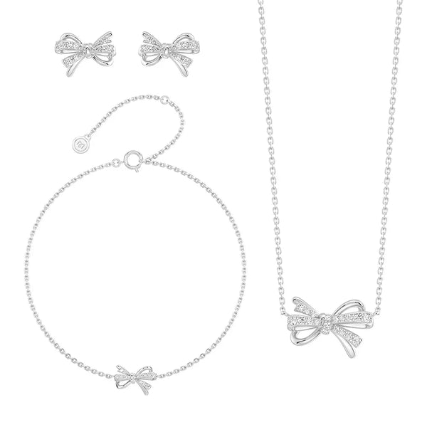 Filigree Bow Moissanite and Diamond Jewelry Set Necklace Bracelet and Earrings