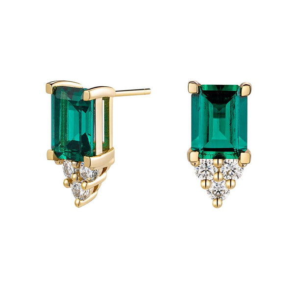 4 Ctw Emerald Cut Emerald Stud Earrings With Trio Moissanite Diamonds