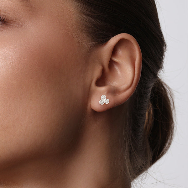 Honeycomb Trio Hexagon Stud Earrings with Lab Grown Diamonds