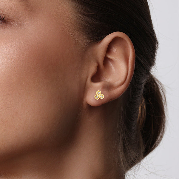 Honeycomb Trio Hexagon Stud Earrings with Lab Grown Diamonds