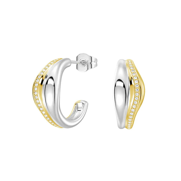 Two-Tone Semi Hoop Eearrings with Edge-Stitched Diamonds