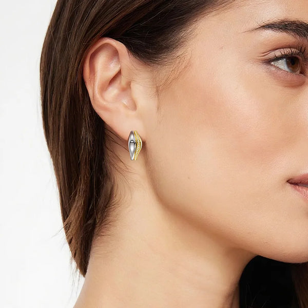 Two-Tone Semi Hoop Eearrings with Edge-Stitched Diamonds