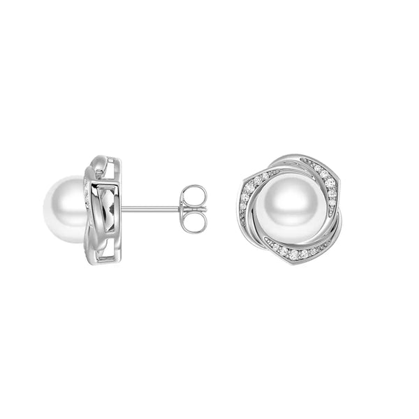 Freshwater Pearl Stud Earrings with Diamond Floral Halo