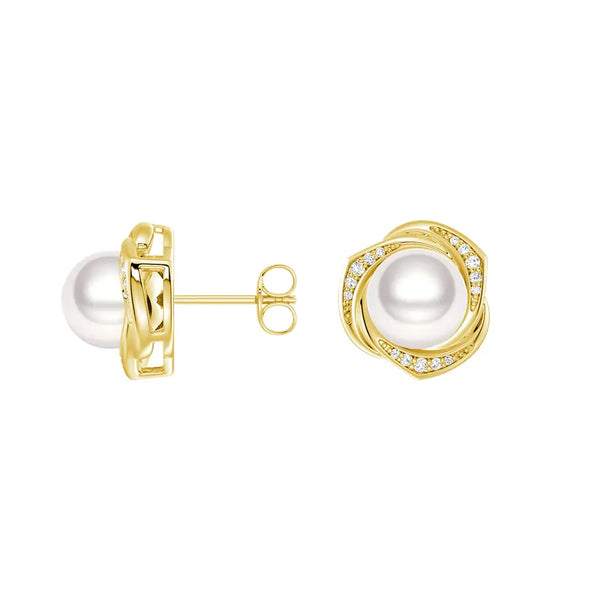 Freshwater Pearl Stud Earrings with Diamond Floral Halo