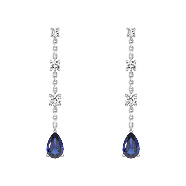 Elegant Tiered Diamond Stud Earrings with Trembling Lab Sapphire Drop