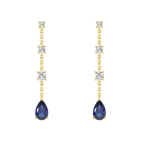 Elegant Tiered Diamond Stud Earrings with Trembling Lab Sapphire Drop