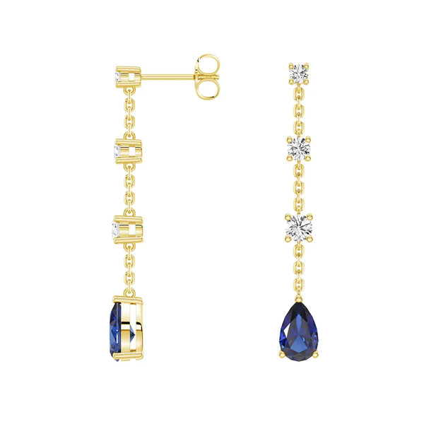 Elegant Tiered Diamond Stud Earrings with Trembling Lab Sapphire Drop