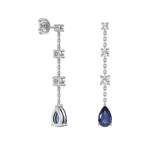 Elegant Tiered Diamond Stud Earrings with Trembling Lab Sapphire Drop