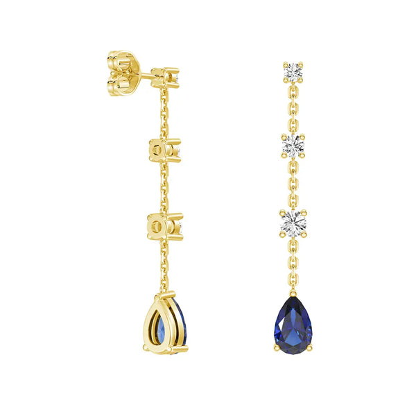 Elegant Tiered Diamond Stud Earrings with Trembling Lab Sapphire Drop