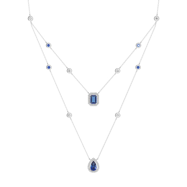 2.98 CT. Pear & Emerald Cut Sapphire Halo Layered Necklace