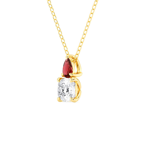 Toi Et Moi Ruby and Cushion Cut Lab Grown Diamond Pendant Necklace