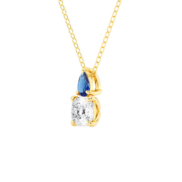 Toi Et Moi Sapphire and Cushion Cut Lab Grown Diamond Pendant Necklace