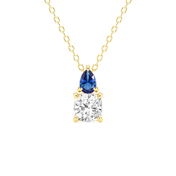 Toi Et Moi Sapphire and Cushion Cut Lab Grown Diamond Pendant Necklace