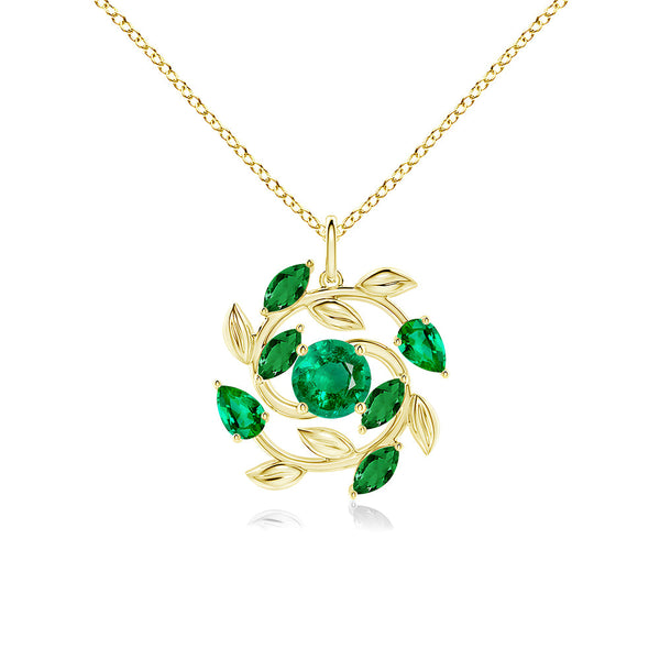 Round and Marquise Emerald Olive Branch Statement Necklace Pendant