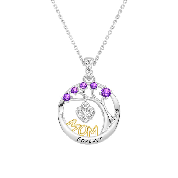 Custom Birthstone "Mom Forever" Tree of Life Necklace with Heart Pendant