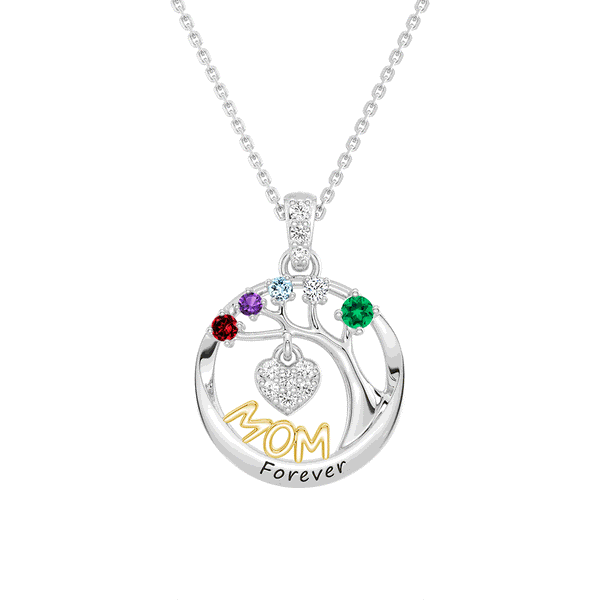 Custom Birthstone "Mom Forever" Tree of Life Necklace with Heart Pendant