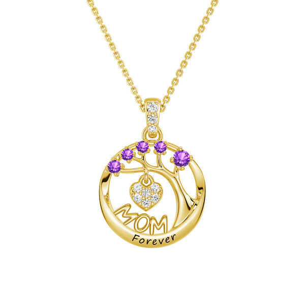 Custom Birthstone "Mom Forever" Tree of Life Necklace with Heart Pendant