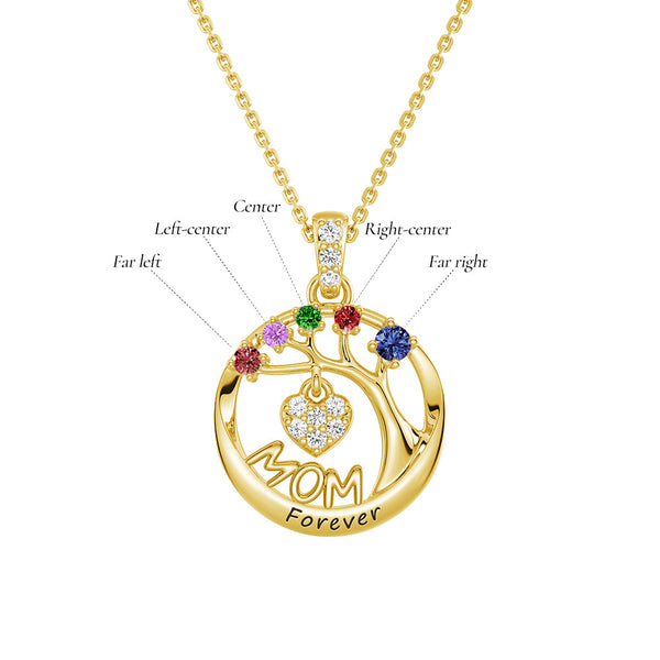 Custom Birthstone "Mom Forever" Tree of Life Necklace with Heart Pendant