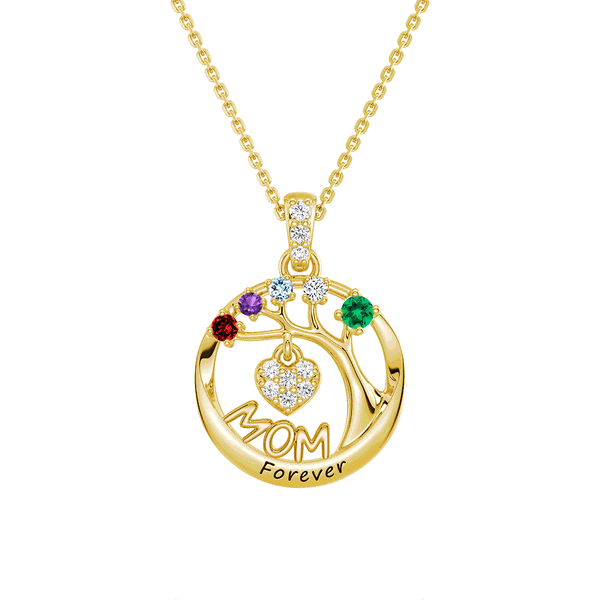 Custom Birthstone "Mom Forever" Tree of Life Necklace with Heart Pendant