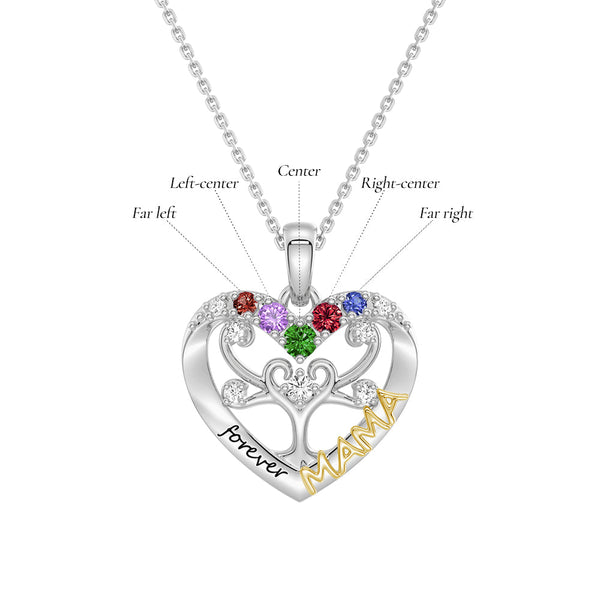 Custom Birthstone Heart Tree Necklace – "Forever MAMA" Pendant