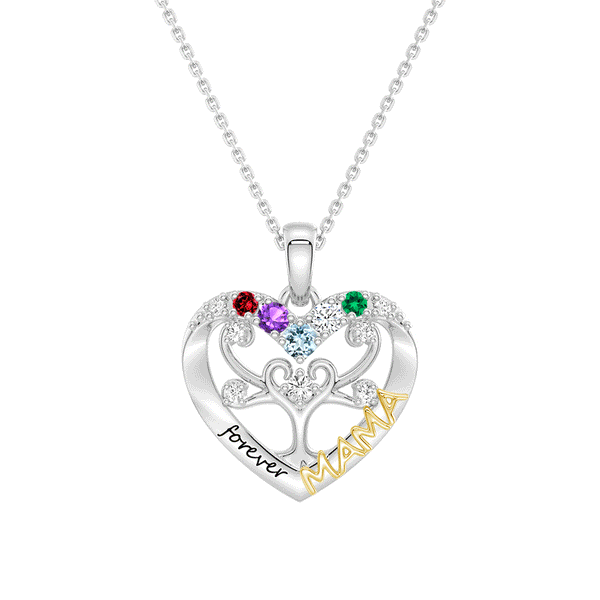 Custom Birthstone Heart Tree Necklace – "Forever MAMA" Pendant