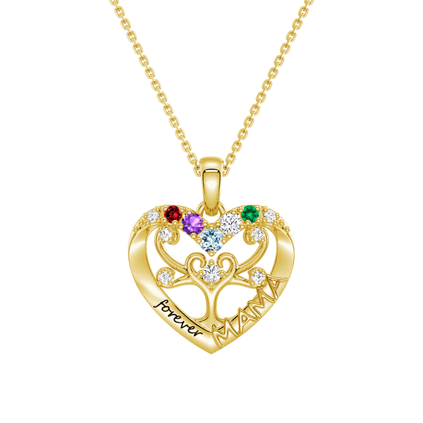 Custom Birthstone Heart Tree Necklace – "Forever MAMA" Pendant