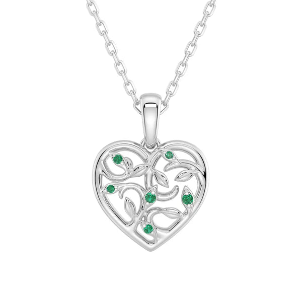 Asymmetrical Vine Motif Lab Grown Emerald Heart Necklace