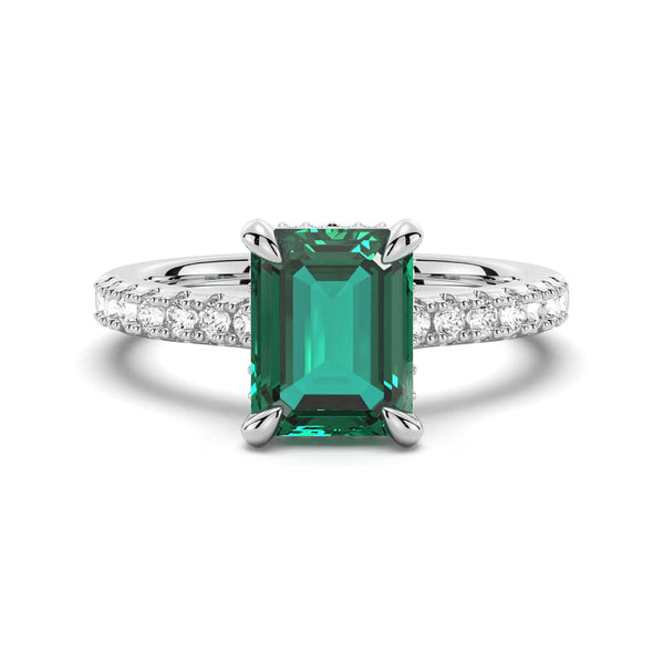 3 CT. Side Stone Lab Grown Emerald Engagement Ring With Hidden Halo