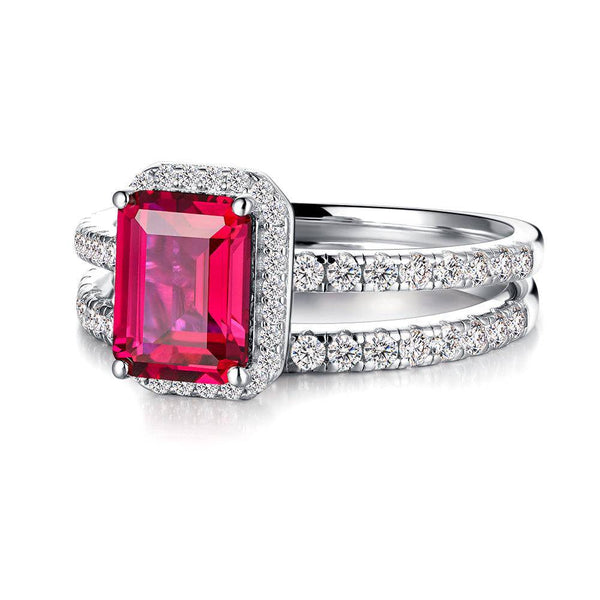 2 CT. Emerald Cut Lab Grown Ruby Ring Set with Matching Wedding Band