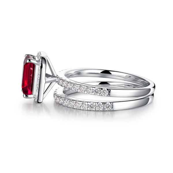2 CT. Emerald Cut Lab Grown Ruby Ring Set with Matching Wedding Band