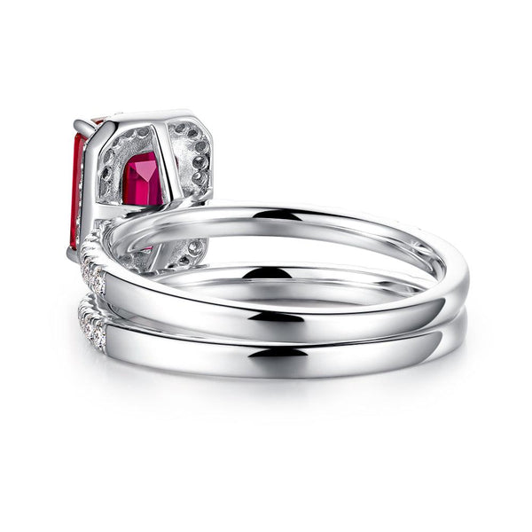 2 CT. Emerald Cut Lab Grown Ruby Ring Set with Matching Wedding Band