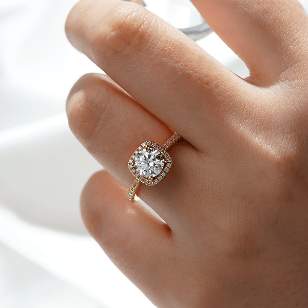 Four Prongs Pavé Halo Moissanite Engagement Ring