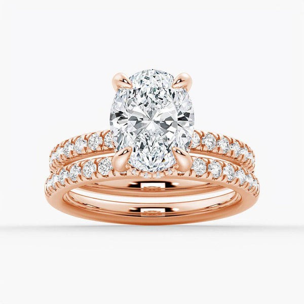 Micropavé Oval Hidden Halo Moissanite Ring Set with Matching Wedding Band