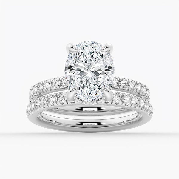 Micropavé Oval Hidden Halo Moissanite Ring Set with Matching Wedding Band