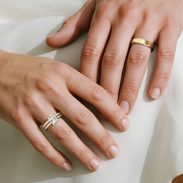 Micropavé Oval Hidden Halo Moissanite Couple's Ring Set with Men's Wedding Band