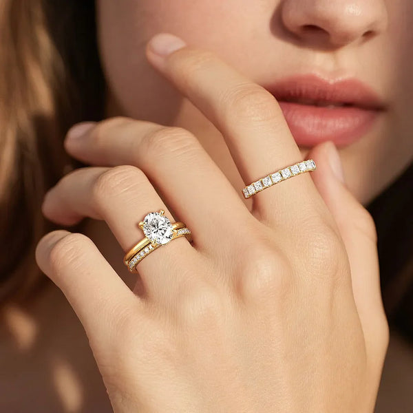 Oval Solitaire Hidden Halo Moissanite Ring Set with Matching Stacking Band