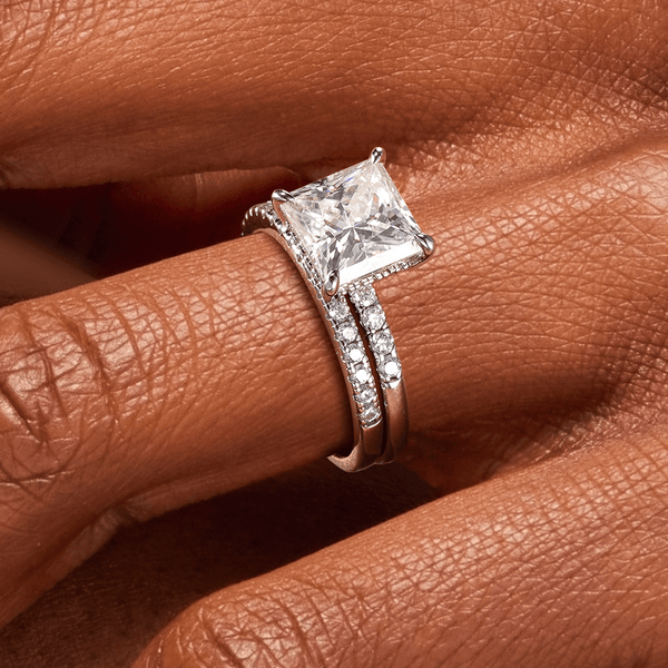 Princess Cut Hidden Halo Moissanite Ring Set with Matching Wedding Band