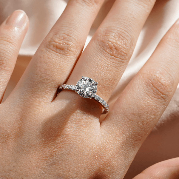 Pavé Band Round Moissanite Engagement Ring With Hidden Halo