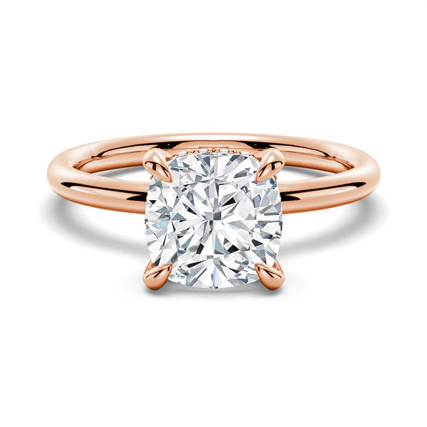 Cushion Cut Solitaire Moissanite Engagement Ring With Hidden Halo