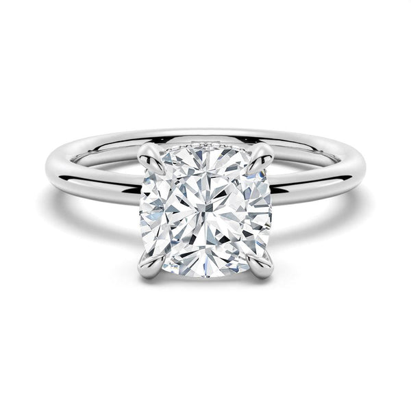 Cushion Cut Solitaire Moissanite Engagement Ring With Hidden Halo