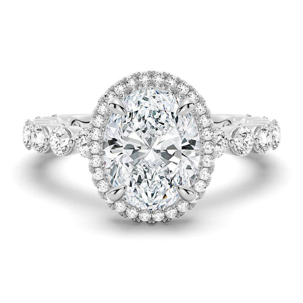 Oval Halo with Pavé Shared Prong Band Moissanite Engagement Ring