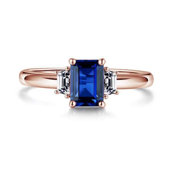 Emerald Cut Blue Sapphire and White Sapphire Three Stone Ring