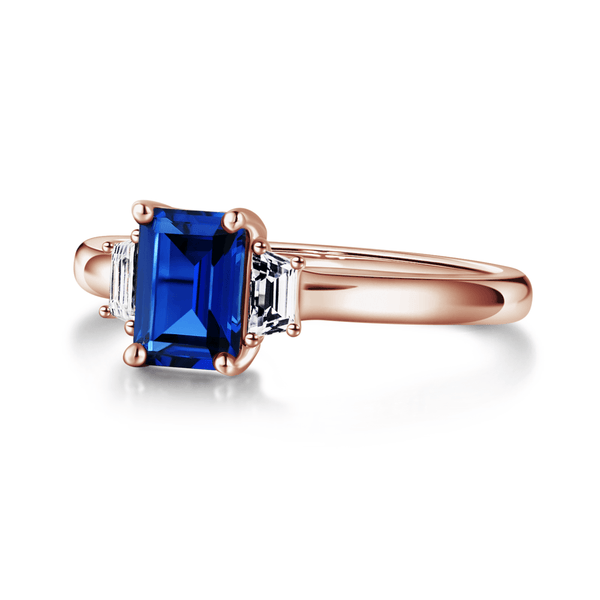 Emerald Cut Blue Sapphire and White Sapphire Three Stone Ring