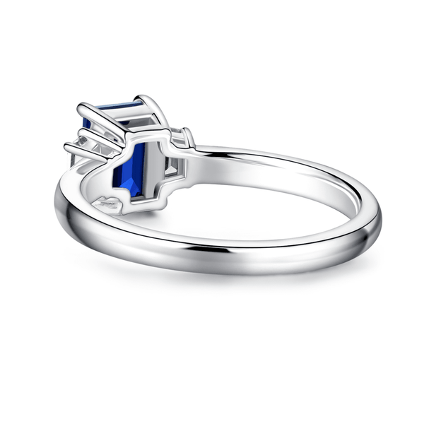 Emerald Cut Blue Sapphire and White Sapphire Three Stone Ring