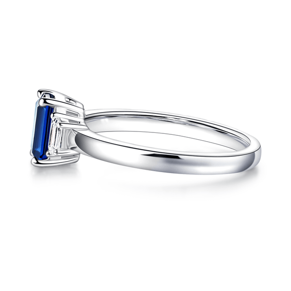 Emerald Cut Blue Sapphire and White Sapphire Three Stone Ring