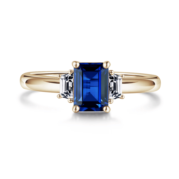 Emerald Cut Blue Sapphire and White Sapphire Three Stone Ring