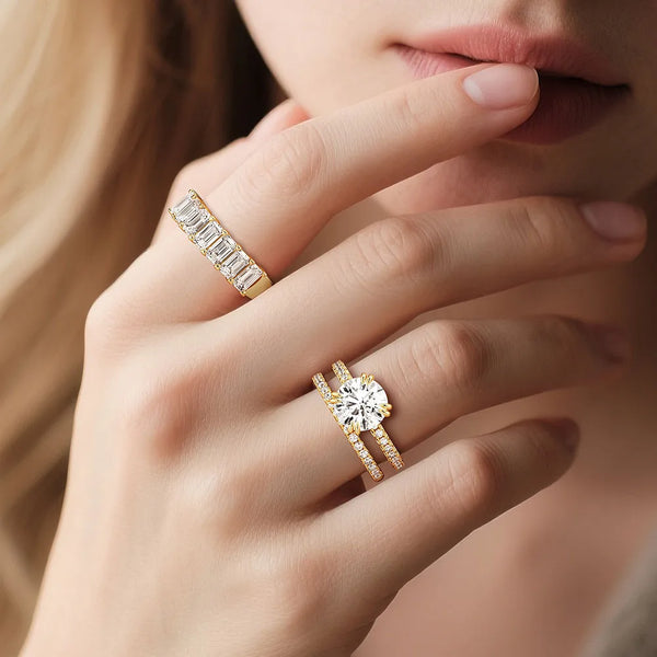 Round Cut Moissanite Ring Set with Matching Stacking Band