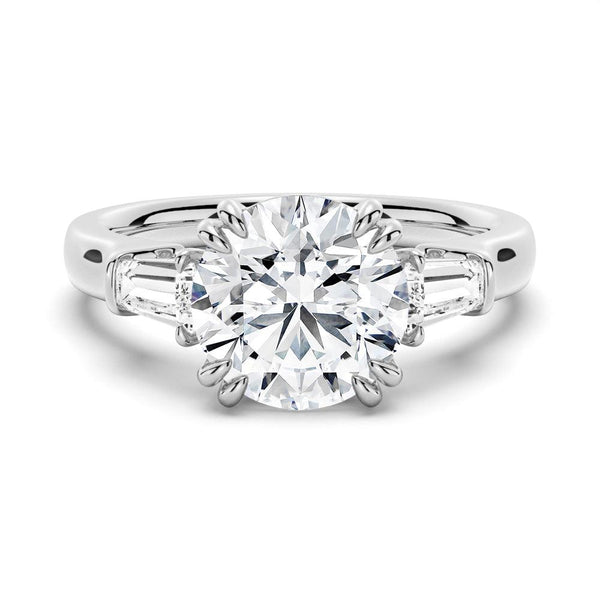 Round Cut Moissanite Engagement Ring with Tapered Baguette Side Stones